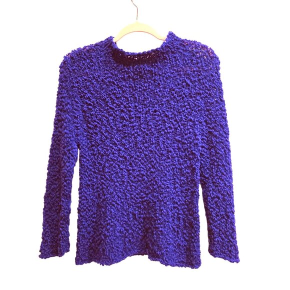 Eileen Fisher Blue Violet Nubby Italian Wool Blend Funnel Mock Neck Sweater L - Picture 1 of 11